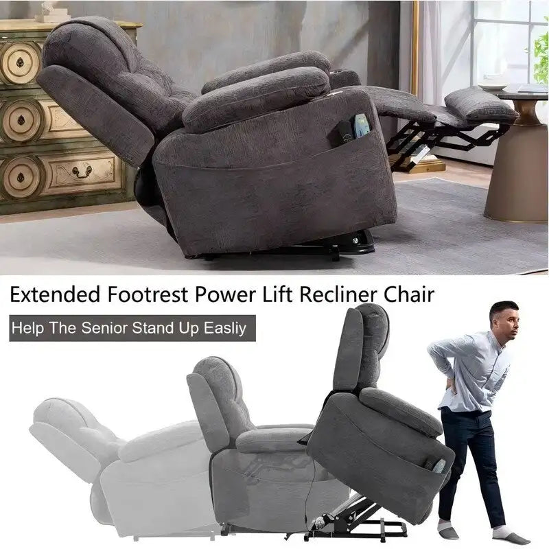 Fauteuil inclinable électrique surdimensionné en chenille avec repose-pieds étendu, assistance au levage, chauffage/massage, chargement USB/Type C et rangement