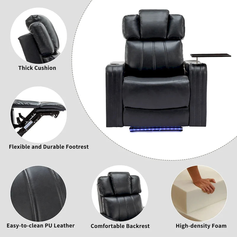 Fauteuil inclinable individuel en similicuir pour cinéma maison avec porte-gobelet réfrigérant, haut-parleur Bluetooth, lumières LED et ports USB