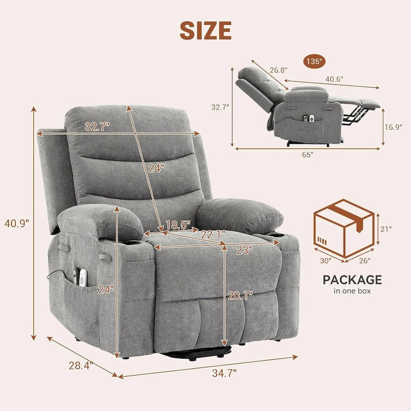 Fauteuil inclinable électrique surdimensionné avec fonction de levage, fauteuil inclinable pour personnes âgées avec chauffage et massage