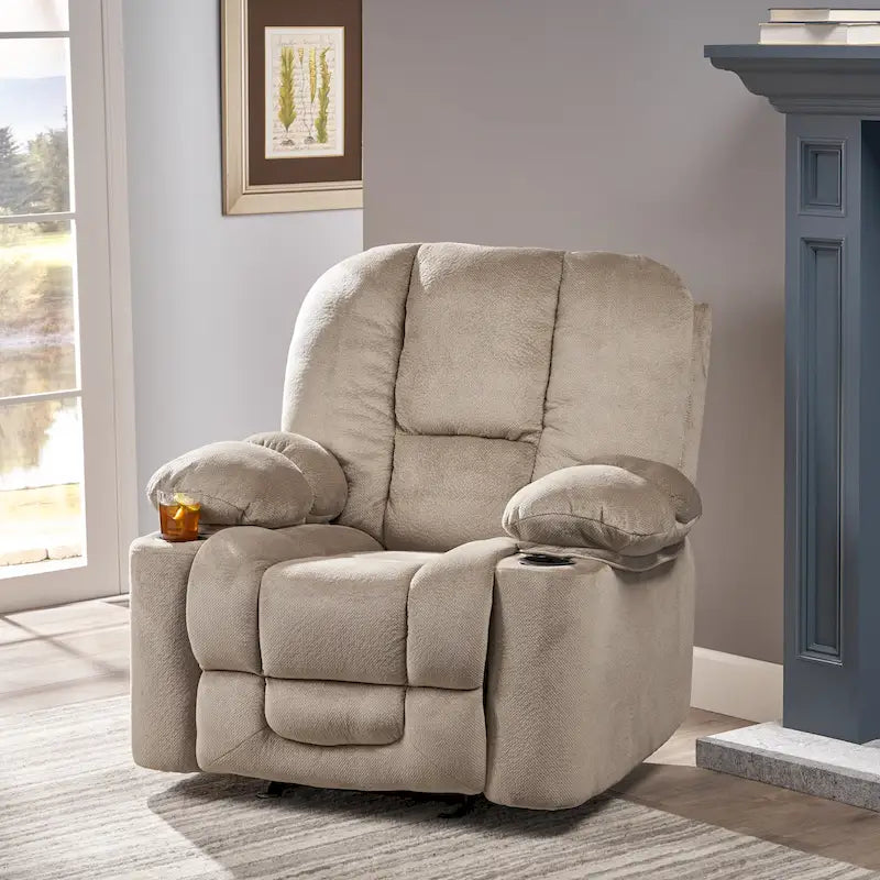 Fauteuil inclinable manuel de luxe Roomfitters en chocolat avec tissu doux pour la peau et deux porte-gobelets