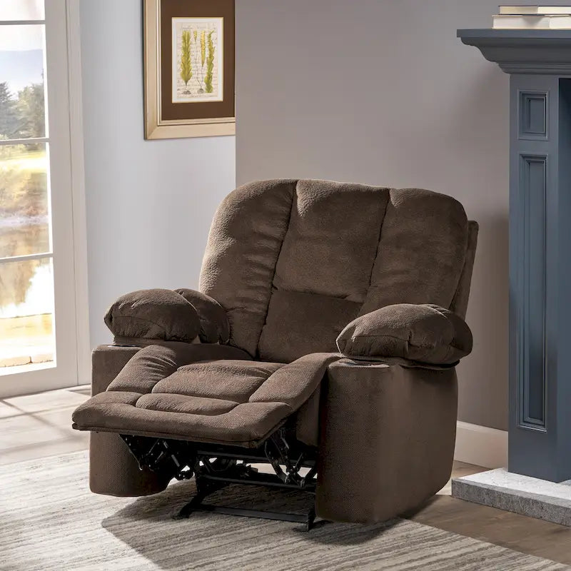 Fauteuil inclinable manuel de luxe Roomfitters en chocolat avec tissu doux pour la peau et deux porte-gobelets