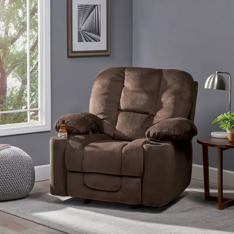 Fauteuil inclinable manuel de luxe Roomfitters en chocolat avec tissu doux pour la peau et deux porte-gobelets