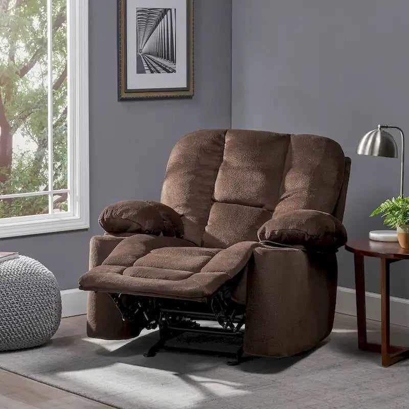 Fauteuil inclinable manuel de luxe Roomfitters en chocolat avec tissu doux pour la peau et deux porte-gobelets