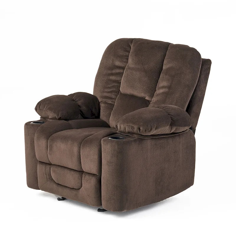 Fauteuil inclinable manuel de luxe Roomfitters en chocolat avec tissu doux pour la peau et deux porte-gobelets