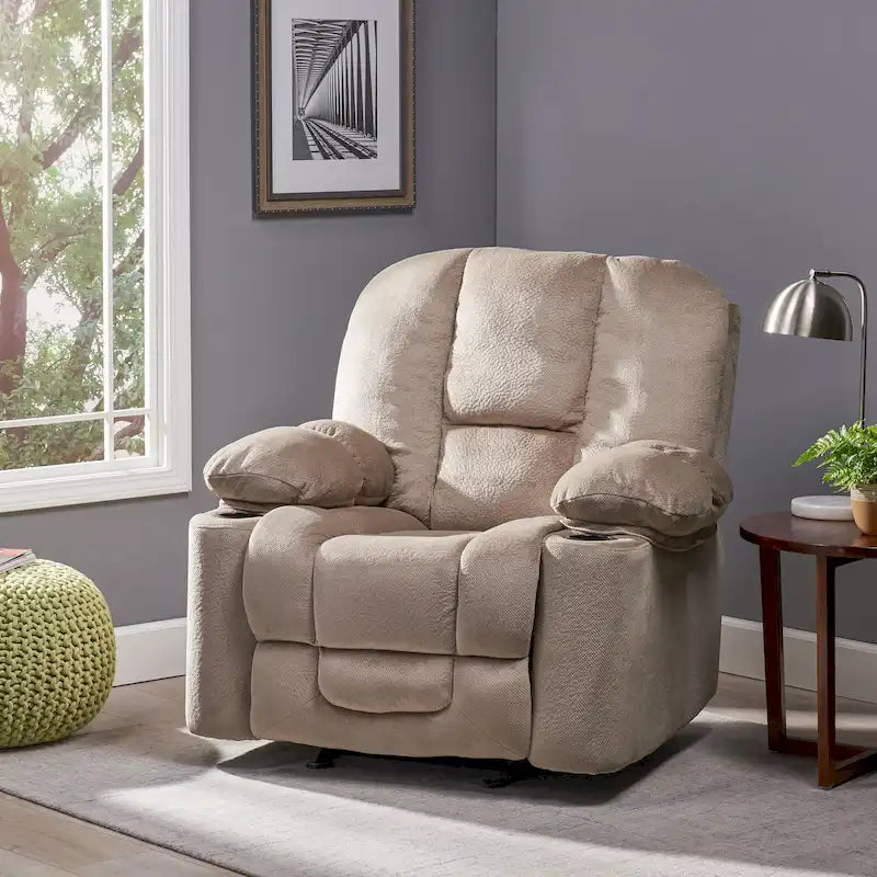 Fauteuil inclinable manuel de luxe Roomfitters en chocolat avec tissu doux pour la peau et deux porte-gobelets