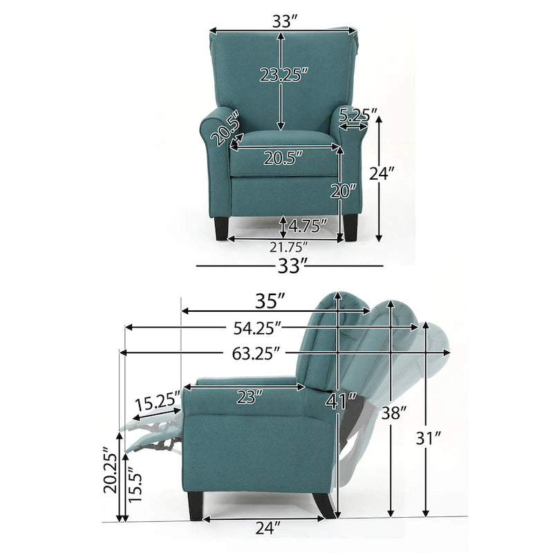 Fauteuil inclinable standard manuel Roomfitters, chaise longue confortable pour salon, chambre à coucher, sarcelle