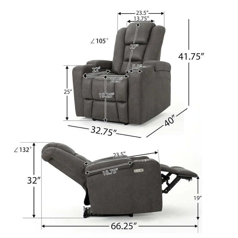 Fauteuil inclinable électrique standard Roomfitters de 33 pouces de large avec rangement pour accoudoirs et port USB, ardoise