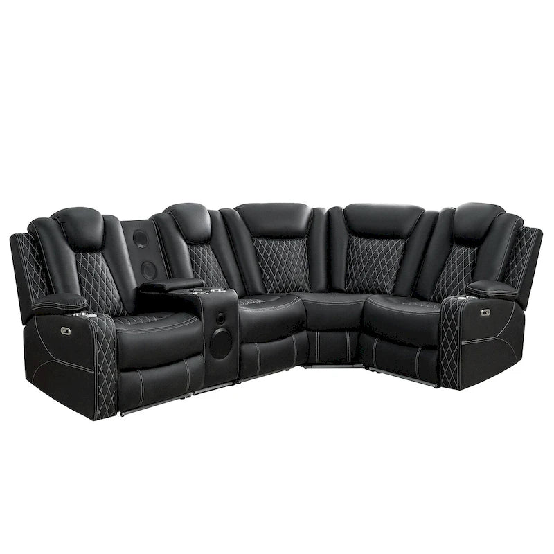 Canapé d'angle inclinable de luxe 5 et 6 places avec LED, USB, chargement sans fil, Bluetooth et rangement