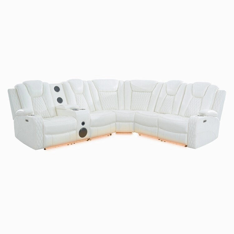 Canapé d'angle inclinable de luxe 5 et 6 places avec LED, USB, chargement sans fil, Bluetooth et rangement