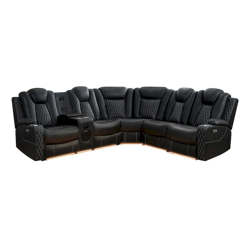 Canapé d'angle inclinable de luxe 5 et 6 places avec LED, USB, chargement sans fil, Bluetooth et rangement