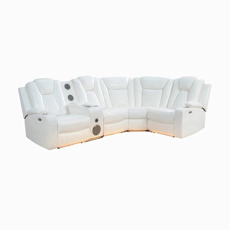 Canapé d'angle inclinable de luxe 5 et 6 places avec LED, USB, chargement sans fil, Bluetooth et rangement