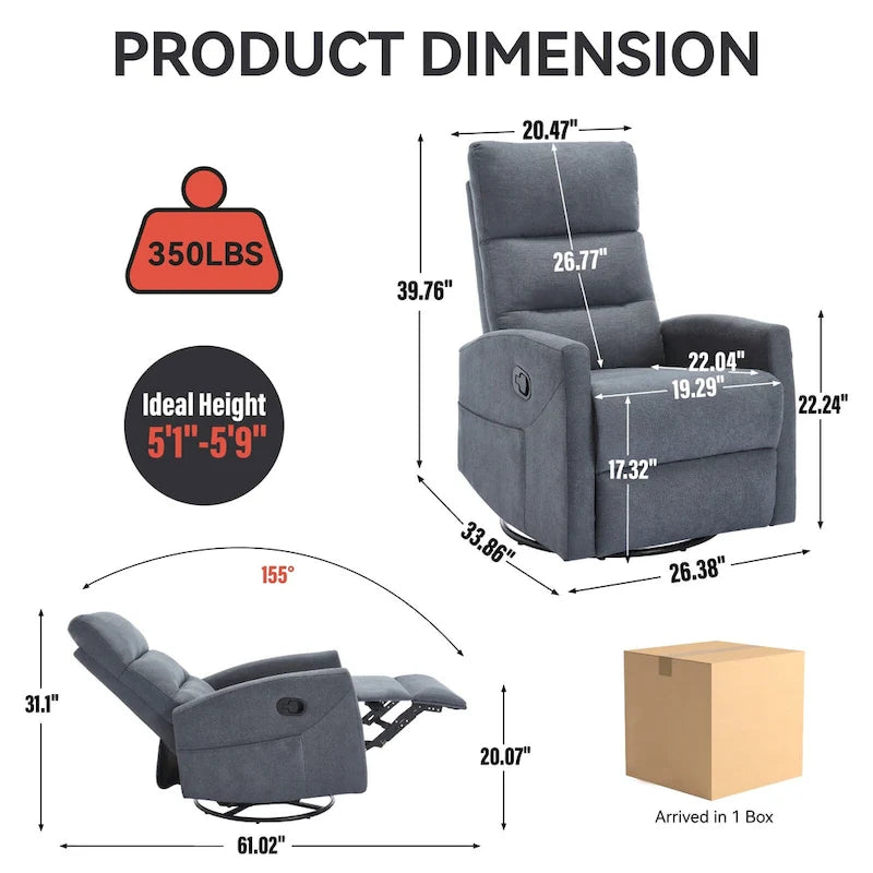 Fauteuil inclinable manuel avec fonction à bascule et pivotante, Fauteuil inclinable en tissu respirant, Fauteuils inclinables pour petits espaces