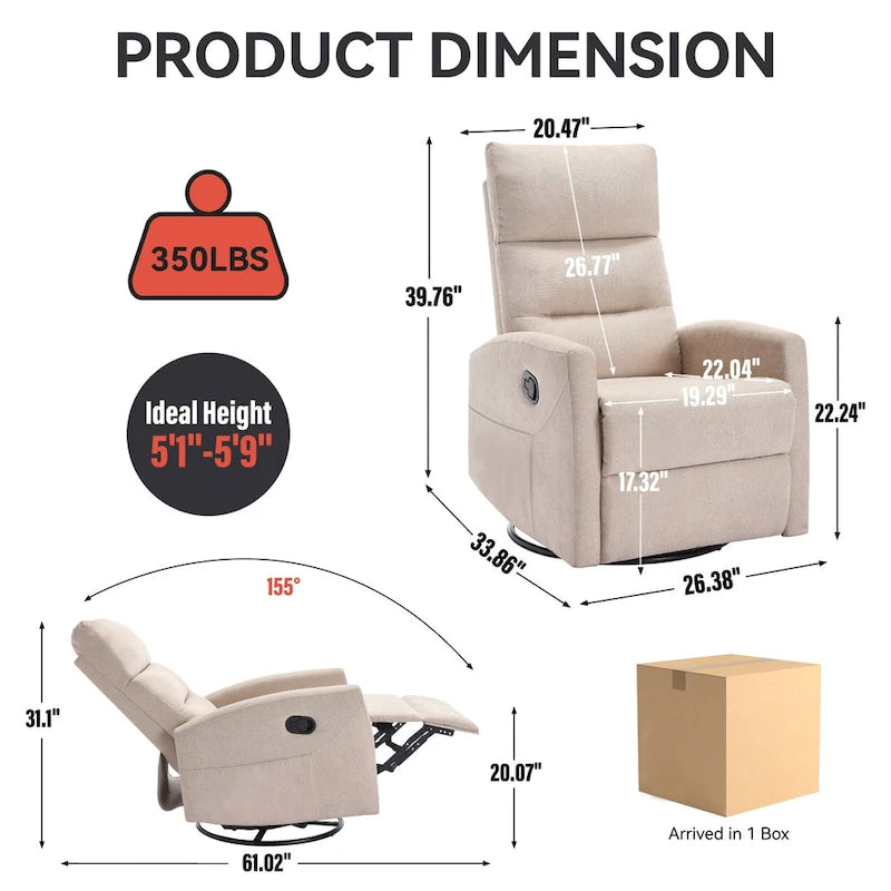 Fauteuil inclinable manuel avec fonction à bascule et pivotante, Fauteuil inclinable en tissu respirant, Fauteuils inclinables pour petits espaces