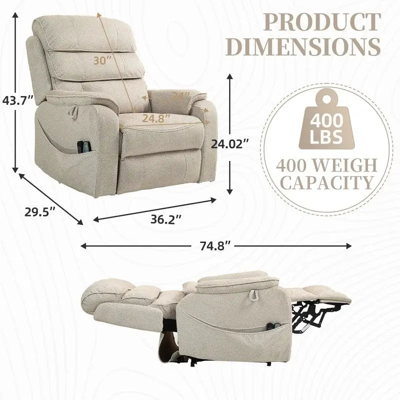 Fauteuil inclinable électrique double moteur version de luxe, position couchée 190 cm, 100 % polyester, message/chauffage, montage facile