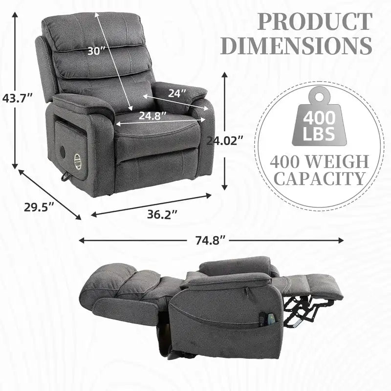 Fauteuil inclinable électrique double moteur version de luxe, position couchée 190 cm, 100 % polyester, message/chauffage, montage facile