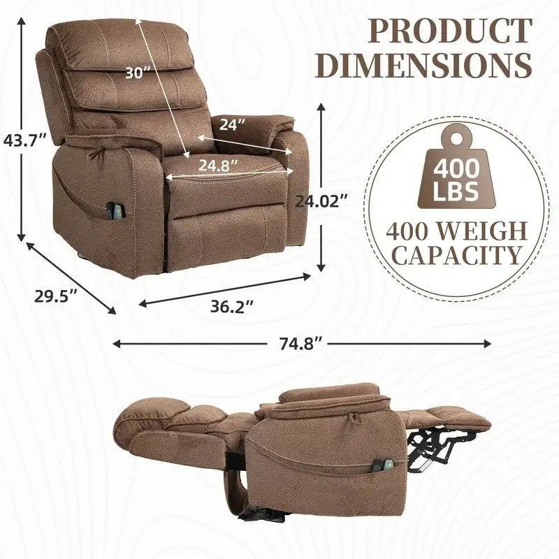Fauteuil inclinable électrique double moteur version de luxe, position couchée 190 cm, 100 % polyester, message/chauffage, montage facile