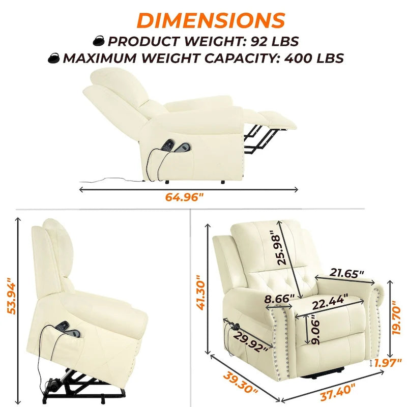 Fauteuil inclinable électrique de luxe en cuir respirant avec fonction releveur, chauffage et massage – Idéal pour l'aide aux personnes âgées
