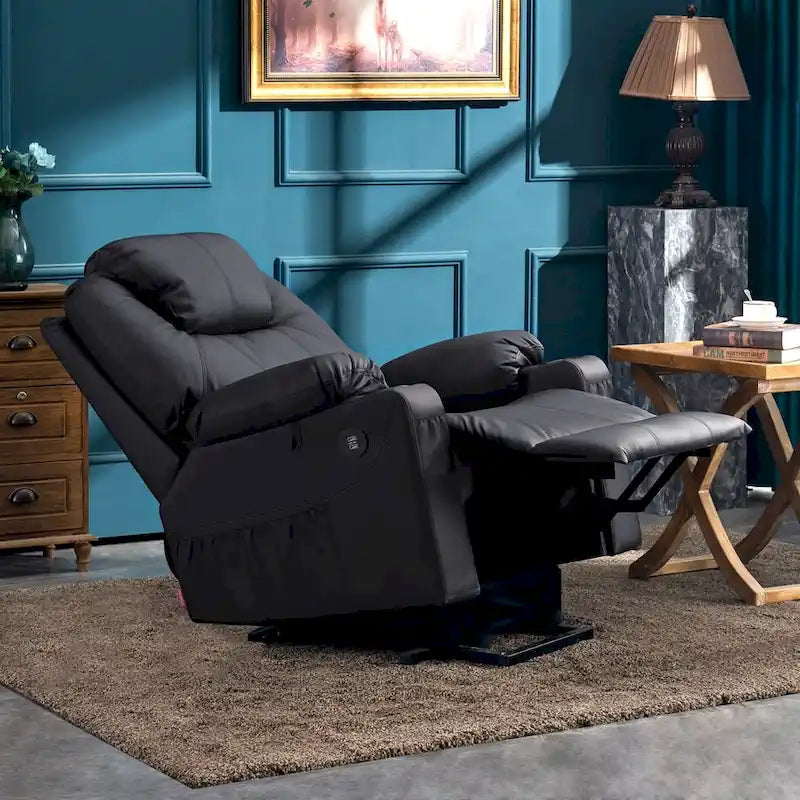 Fauteuil inclinable électrique grand format en cuir MCombo avec massage, chauffage, porte-gobelets, repose-pieds étendu, cuir 7516
