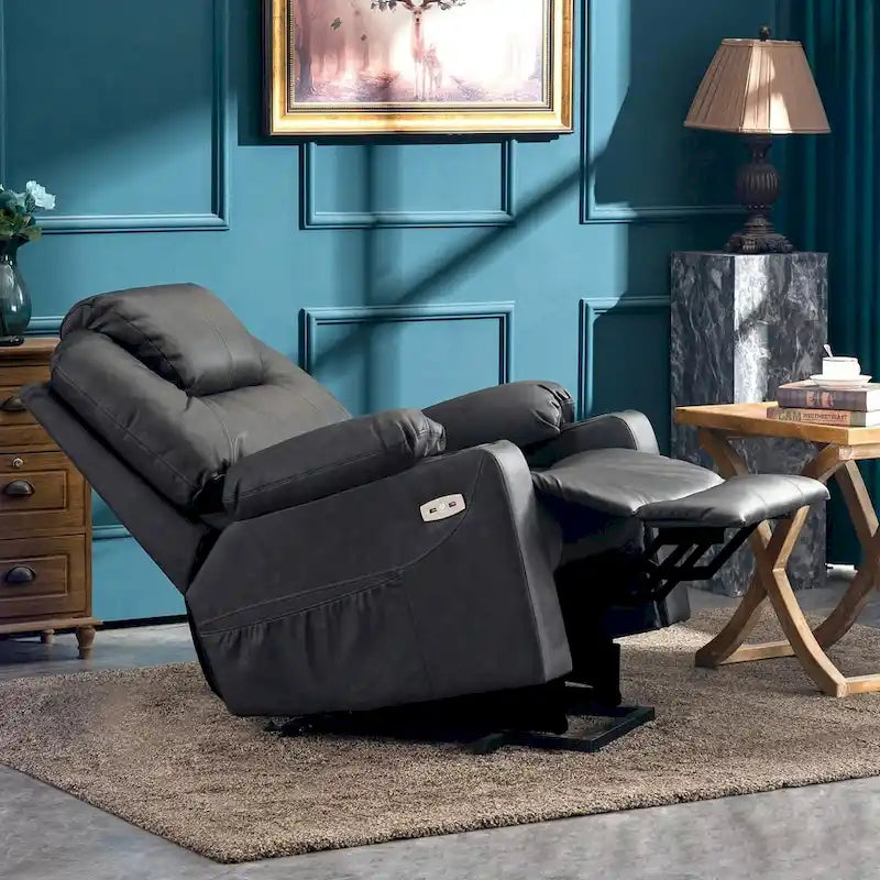Fauteuil inclinable électrique grand format en cuir MCombo avec massage, chauffage, porte-gobelets, repose-pieds étendu, cuir 7516