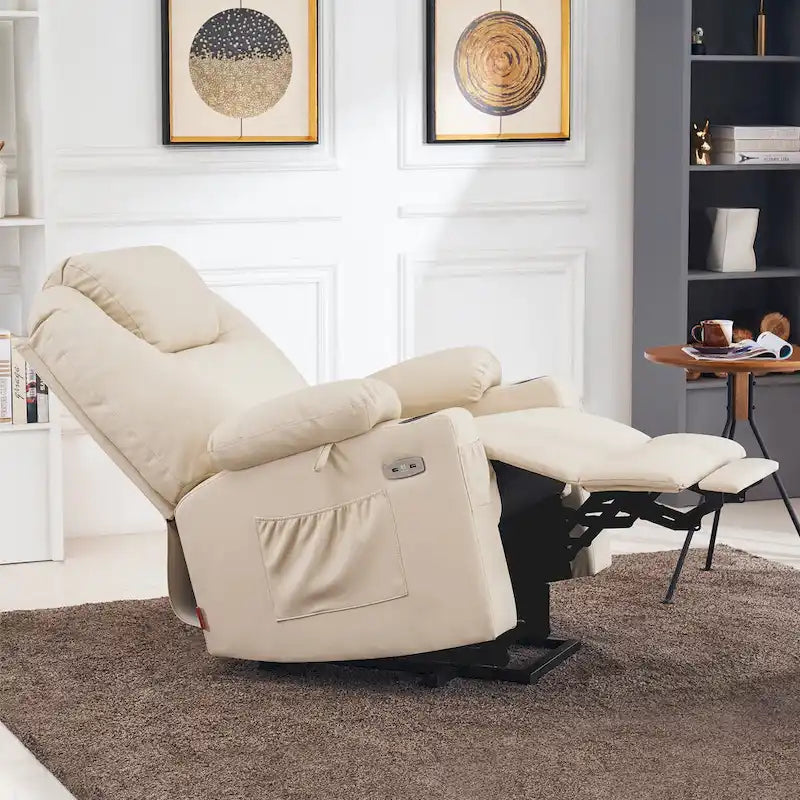 Fauteuil inclinable électrique grand format en cuir MCombo avec massage, chauffage, porte-gobelets, repose-pieds étendu, cuir 7516