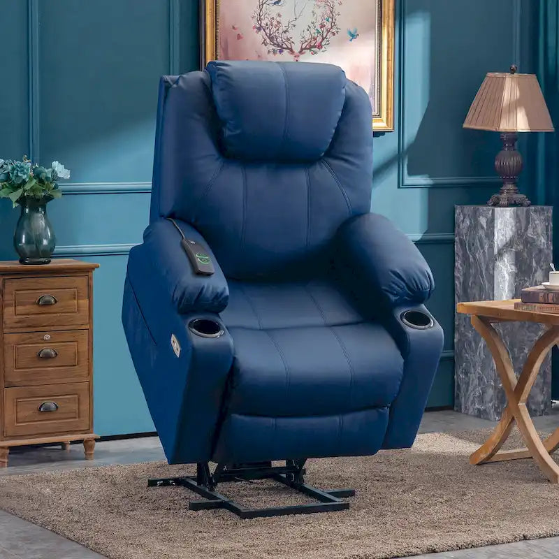 Fauteuil inclinable électrique grand format en cuir MCombo avec massage, chauffage, porte-gobelets, repose-pieds étendu, cuir 7516