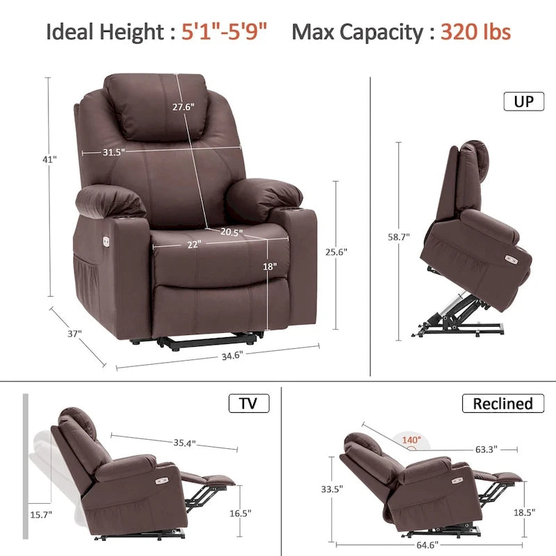 Fauteuil inclinable électrique grand format en cuir MCombo avec massage, chauffage, porte-gobelets, repose-pieds étendu, cuir 7516