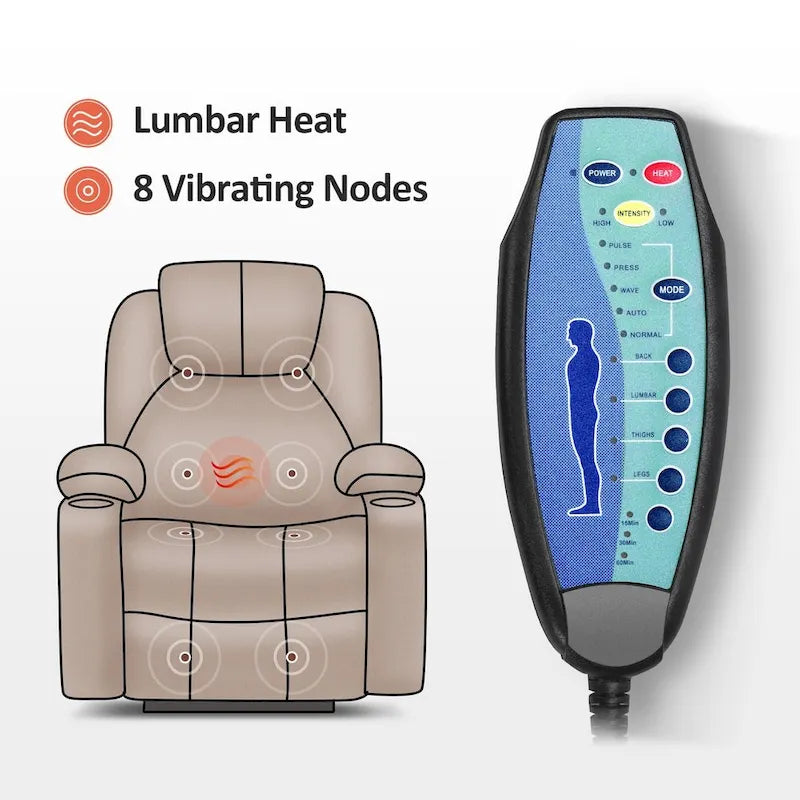 Fauteuil inclinable électrique grand format en cuir MCombo avec massage, chauffage, porte-gobelets, repose-pieds étendu, cuir 7516
