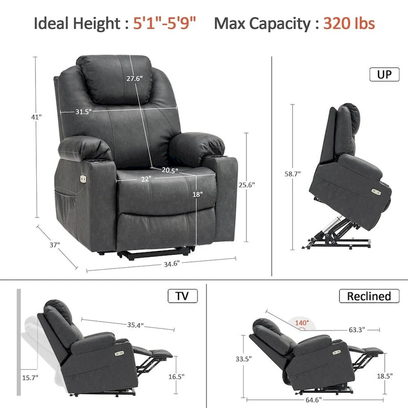 Fauteuil inclinable électrique grand format en cuir MCombo avec massage, chauffage, porte-gobelets, repose-pieds étendu, cuir 7516