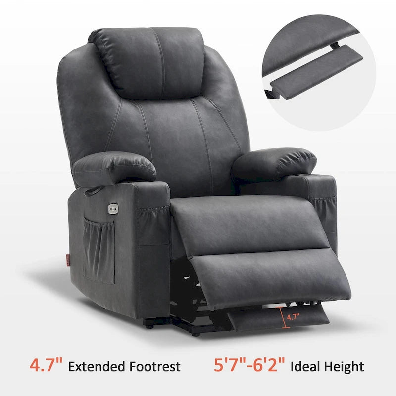 Fauteuil inclinable électrique grand format en cuir MCombo avec massage, chauffage, porte-gobelets, repose-pieds étendu, cuir 7516