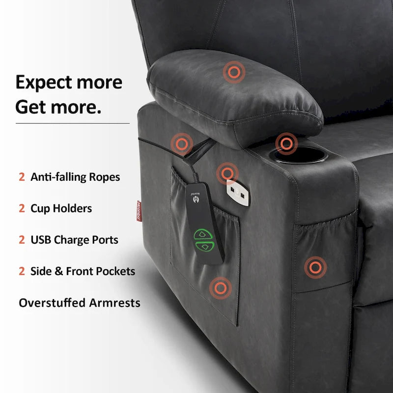 Fauteuil inclinable électrique grand format en cuir MCombo avec massage, chauffage, porte-gobelets, repose-pieds étendu, cuir 7516
