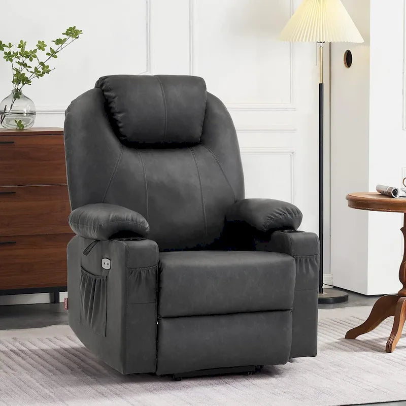 Fauteuil inclinable électrique grand format en cuir MCombo avec massage, chauffage, porte-gobelets, repose-pieds étendu, cuir 7516