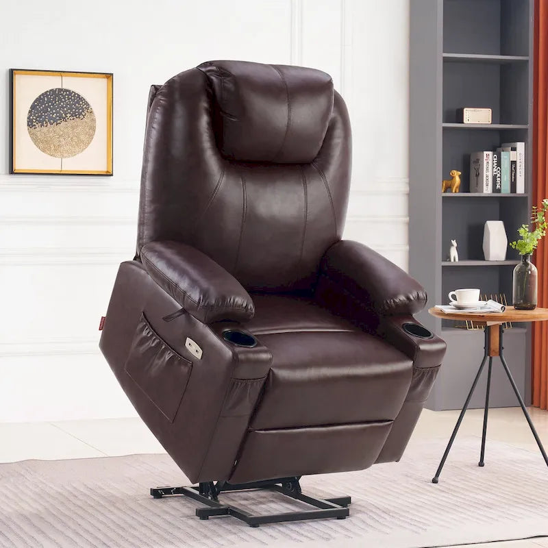 Fauteuil inclinable électrique grand format en cuir MCombo avec massage, chauffage, porte-gobelets, repose-pieds étendu, cuir 7516
