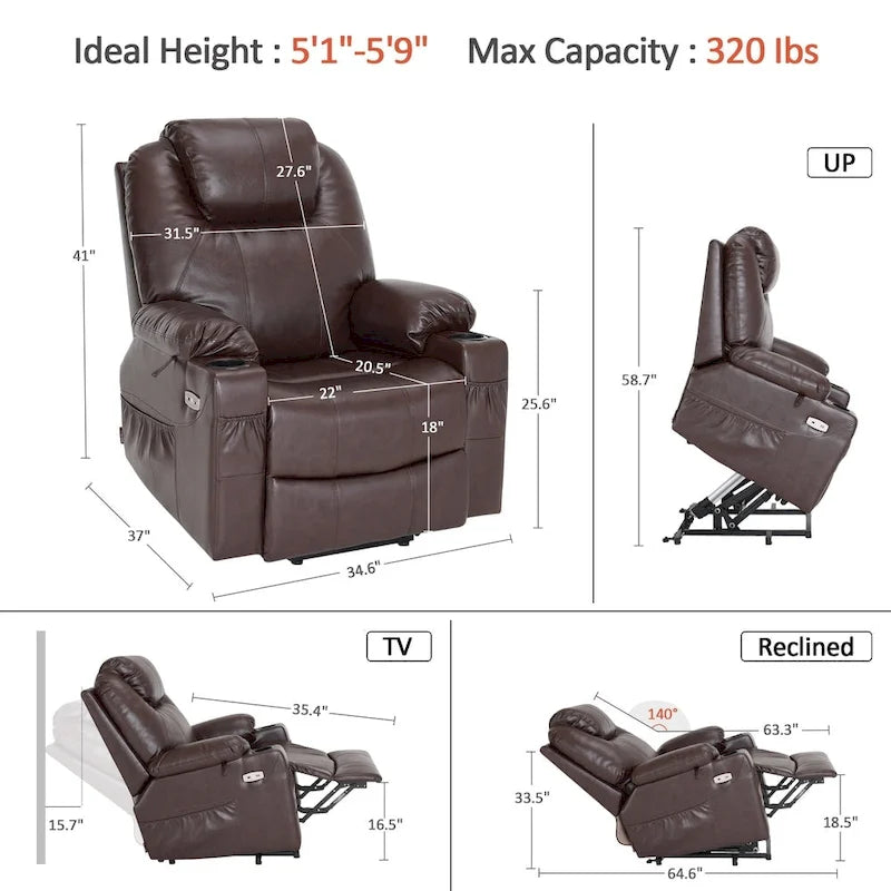Fauteuil inclinable électrique grand format en cuir MCombo avec massage, chauffage, porte-gobelets, repose-pieds étendu, cuir 7516