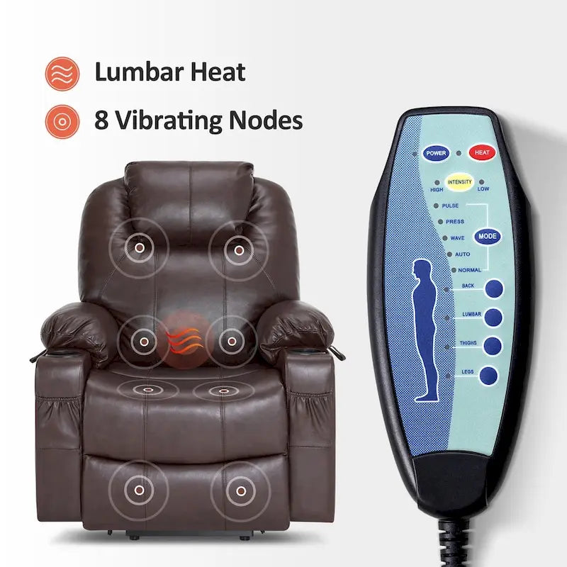 Fauteuil inclinable électrique grand format en cuir MCombo avec massage, chauffage, porte-gobelets, repose-pieds étendu, cuir 7516