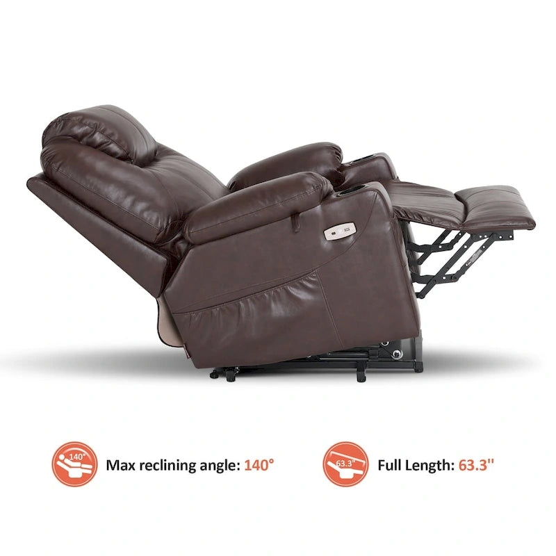 Fauteuil inclinable électrique grand format en cuir MCombo avec massage, chauffage, porte-gobelets, repose-pieds étendu, cuir 7516