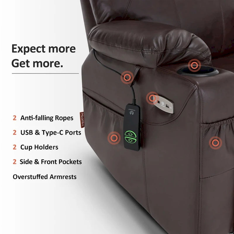 Fauteuil inclinable électrique grand format en cuir MCombo avec massage, chauffage, porte-gobelets, repose-pieds étendu, cuir 7516
