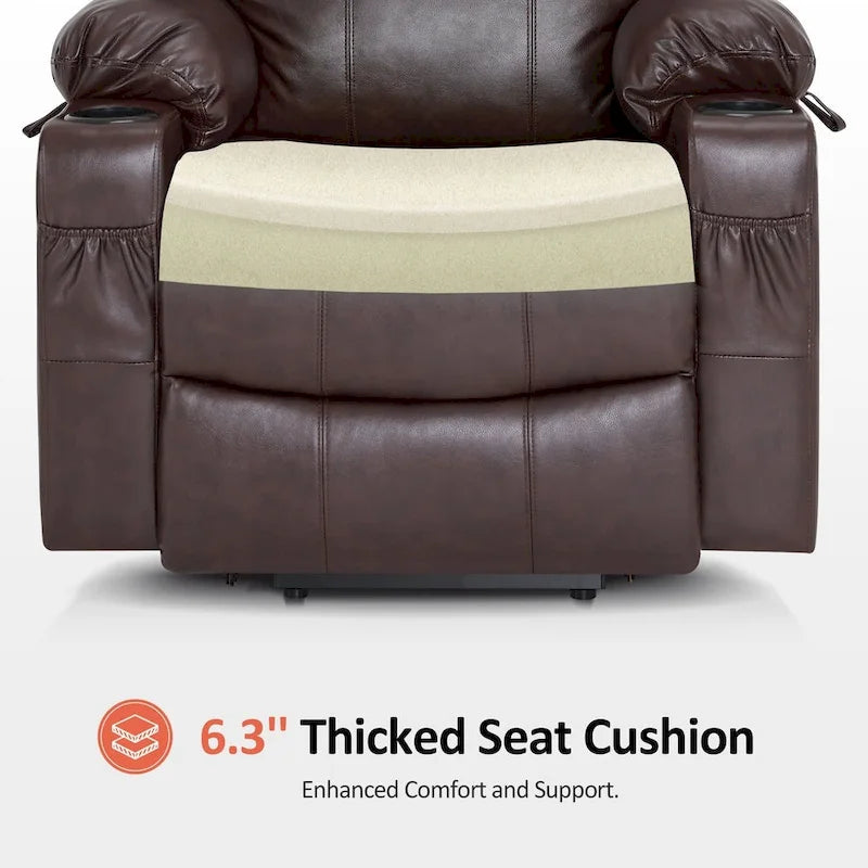 Fauteuil inclinable électrique grand format en cuir MCombo avec massage, chauffage, porte-gobelets, repose-pieds étendu, cuir 7516