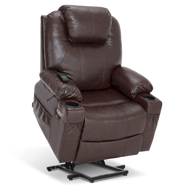 Fauteuil inclinable électrique grand format en cuir MCombo avec massage, chauffage, porte-gobelets, repose-pieds étendu, cuir 7516