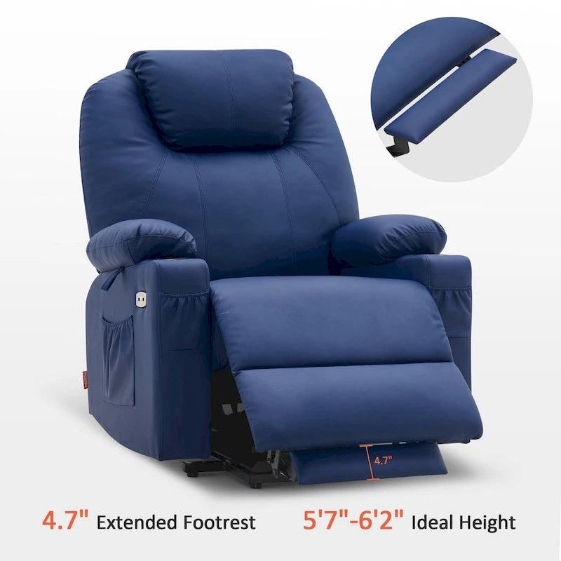 Fauteuil inclinable électrique grand format en cuir MCombo avec massage, chauffage, porte-gobelets, repose-pieds étendu, cuir 7516
