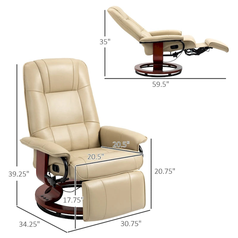 Fauteuil inclinable pivotant en cuir synthétique avec base en bois, dossier réglable et repose-pieds rétractable