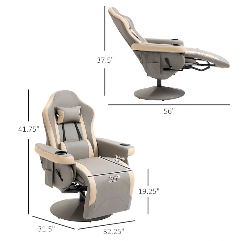 Fauteuil inclinable manuel en cuir PU avec inclinaison à 135°, repose-pieds réglable, pivotant à 360°, porte-gobelets et poches de rangement