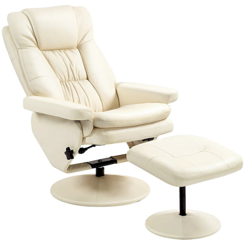 Fauteuil de relaxation réglable en cuir PU pivotant, dossier haut rembourré avec pouf et base en bois
