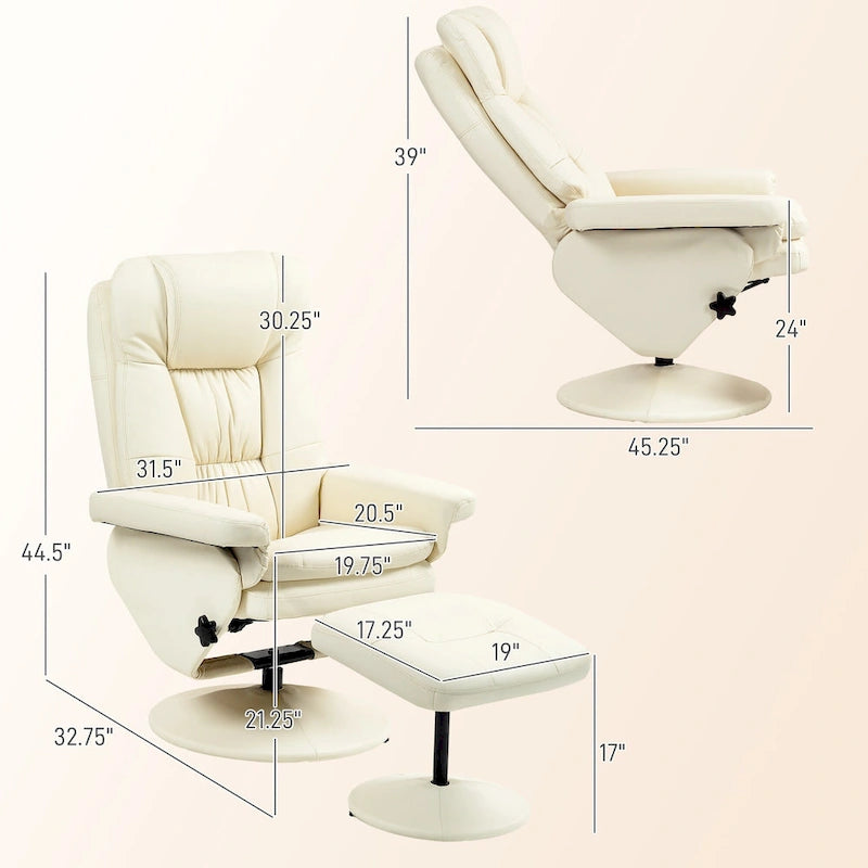 Fauteuil de relaxation réglable en cuir PU pivotant, dossier haut rembourré avec pouf et base en bois