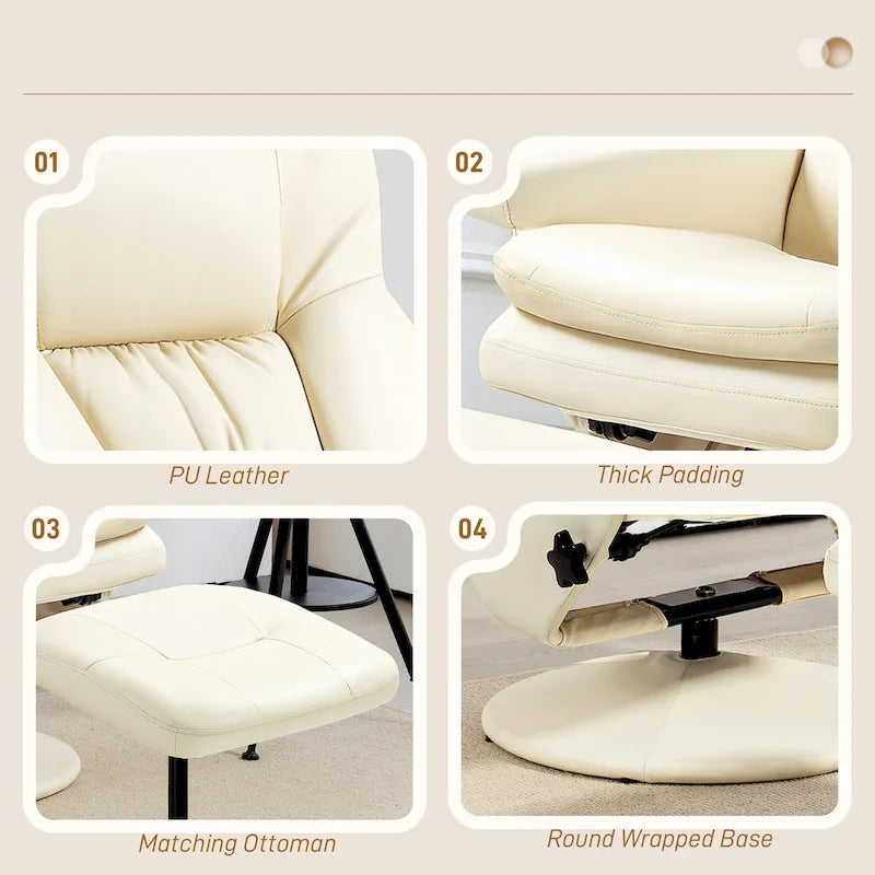 Fauteuil de relaxation réglable en cuir PU pivotant, dossier haut rembourré avec pouf et base en bois