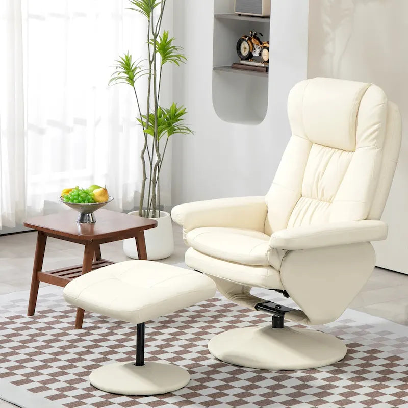 Fauteuil de relaxation réglable en cuir PU pivotant, dossier haut rembourré avec pouf et base en bois