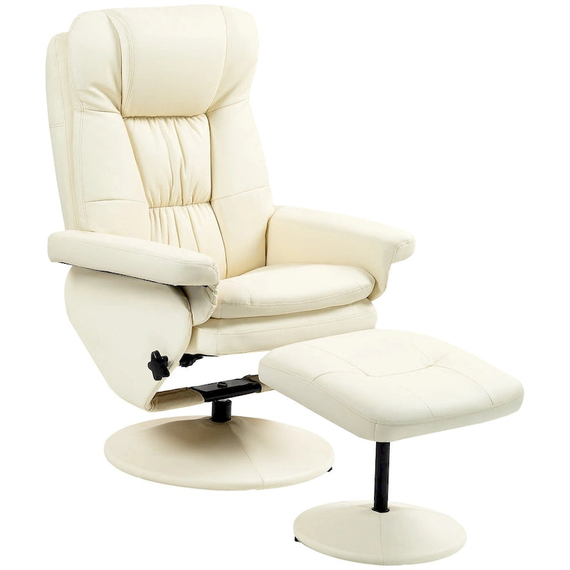 Fauteuil de relaxation réglable en cuir PU pivotant, dossier haut rembourré avec pouf et base en bois