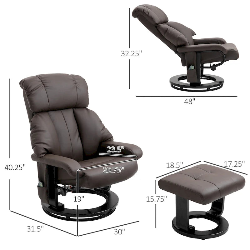Fauteuil inclinable de massage pivotant à 360° en cuir PU avec inclinaison à 145°, repose-pieds, télécommande et poche latérale