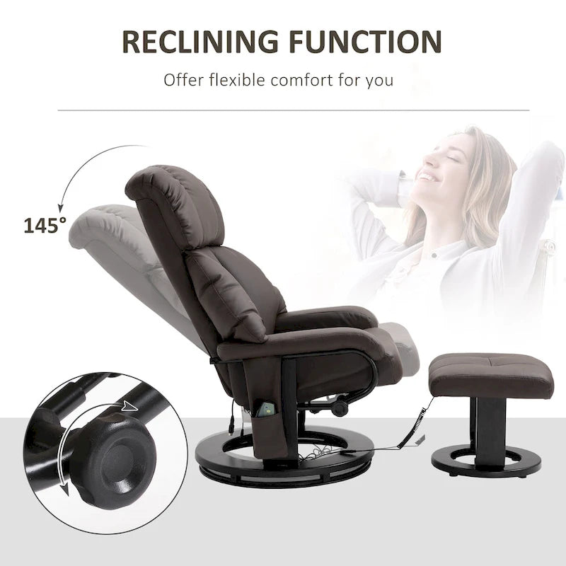 Fauteuil inclinable de massage pivotant à 360° en cuir PU avec inclinaison à 145°, repose-pieds, télécommande et poche latérale