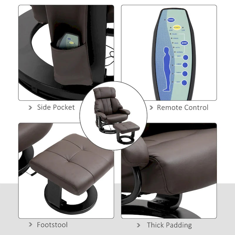 Fauteuil inclinable de massage pivotant à 360° en cuir PU avec inclinaison à 145°, repose-pieds, télécommande et poche latérale