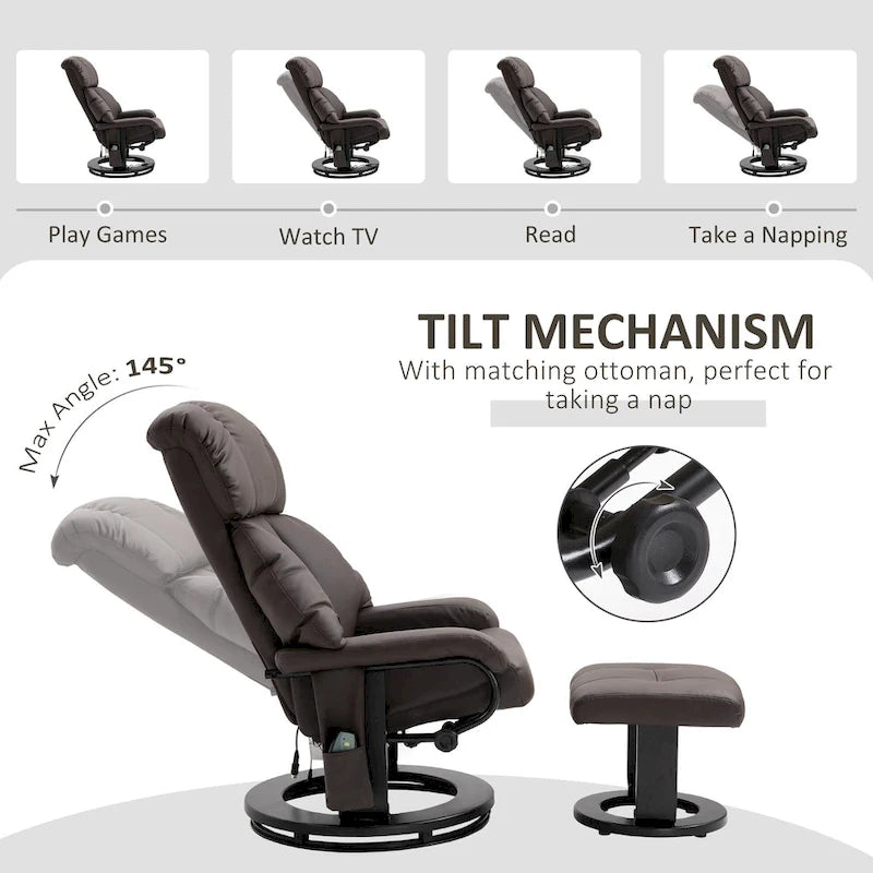 Fauteuil inclinable de massage pivotant à 360° en cuir PU avec inclinaison à 145°, repose-pieds, télécommande et poche latérale